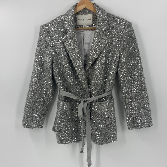Boston Proper grey silver sequin jacket with ribbon belt - Picture 14 of 14